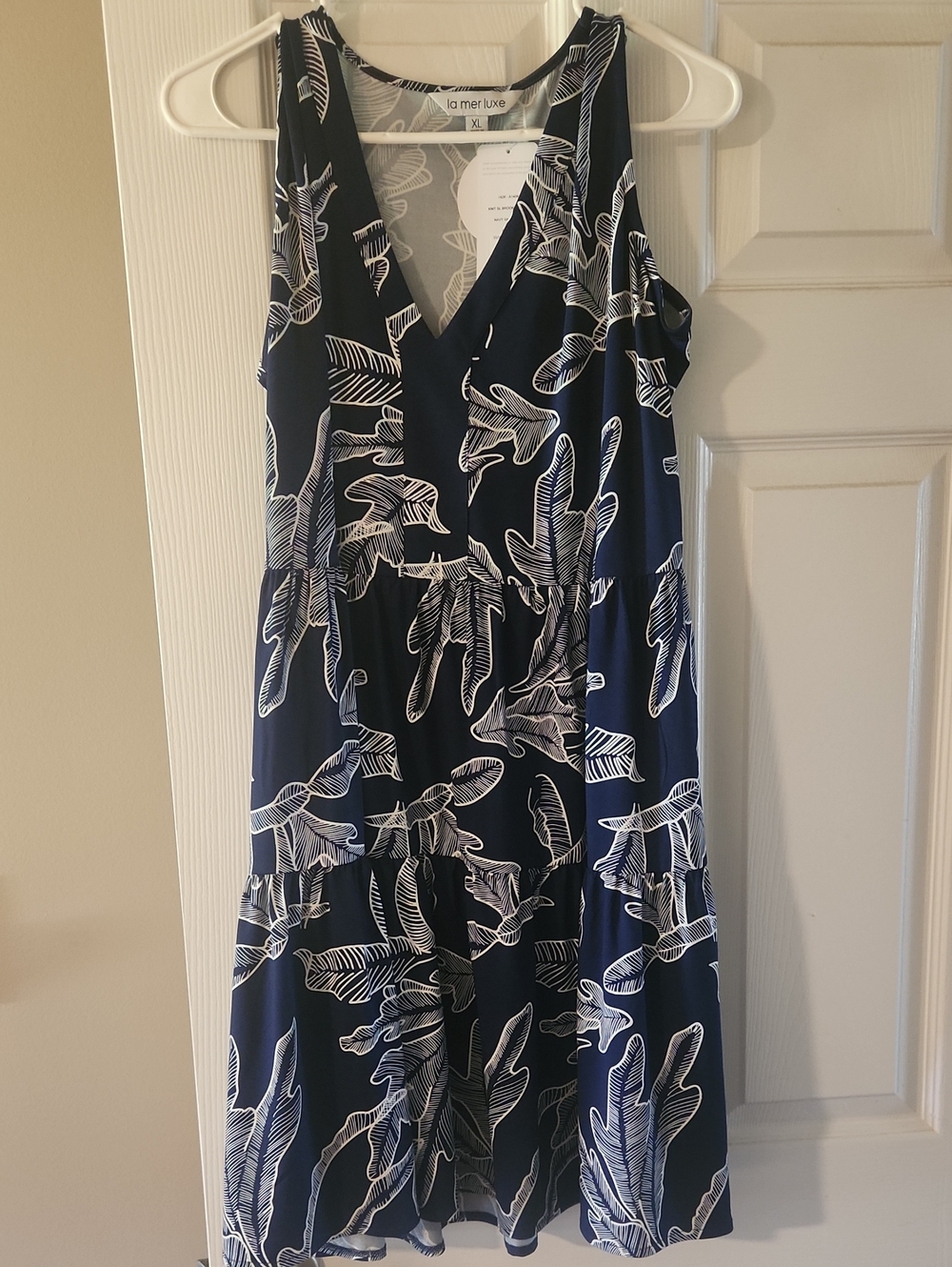 La Mer Luxe Navy Leaf-Print V-Neck Midi Dress